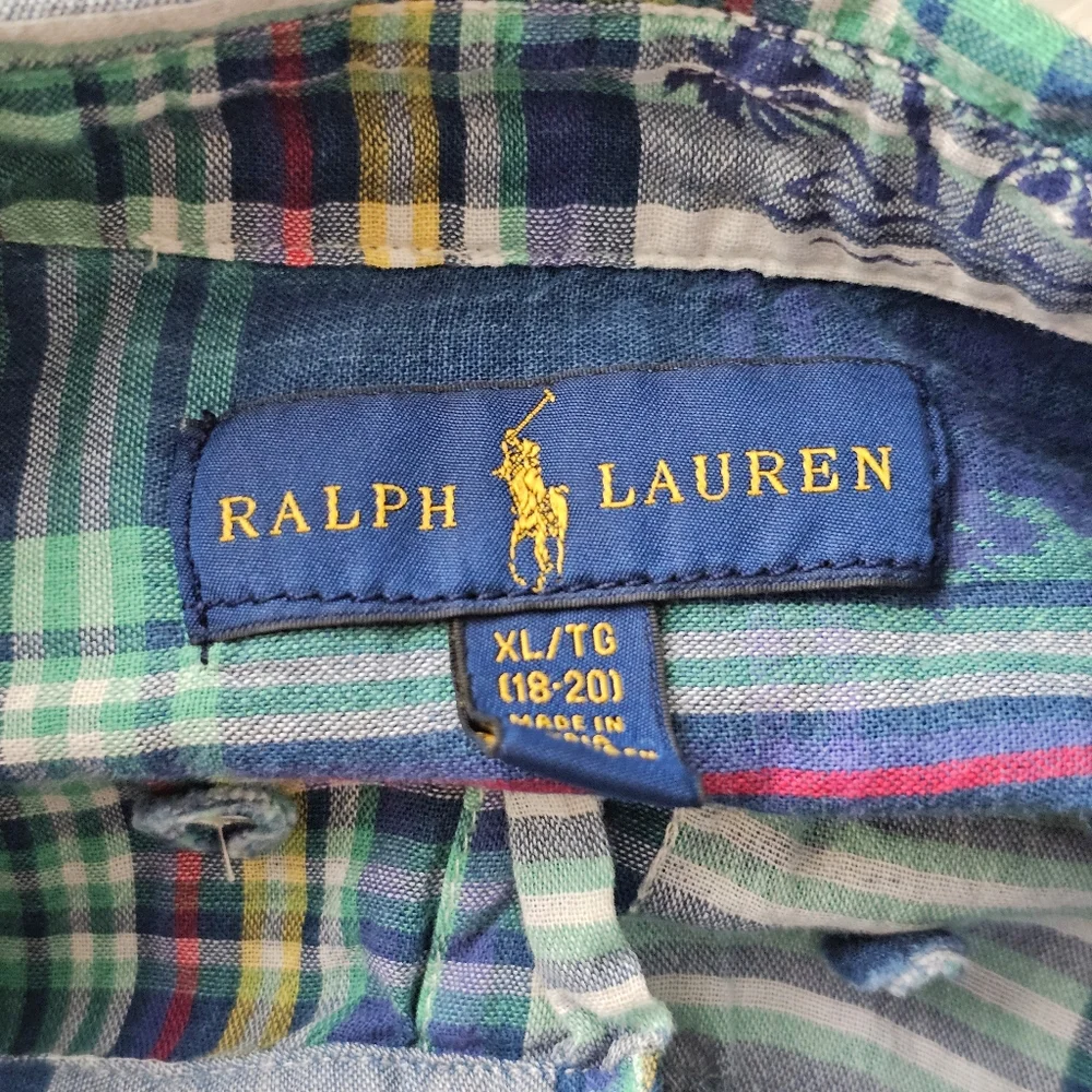VTG Ralph Lauren Plaid Palms Short Sleeve Button Down Shirt Blue Green Youth XL